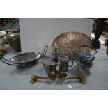 Pair of Brass Candle Sconces plus Plated Tea Set,