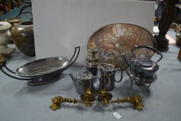 Pair of Brass Candle Sconces plus Plated Tea Set,