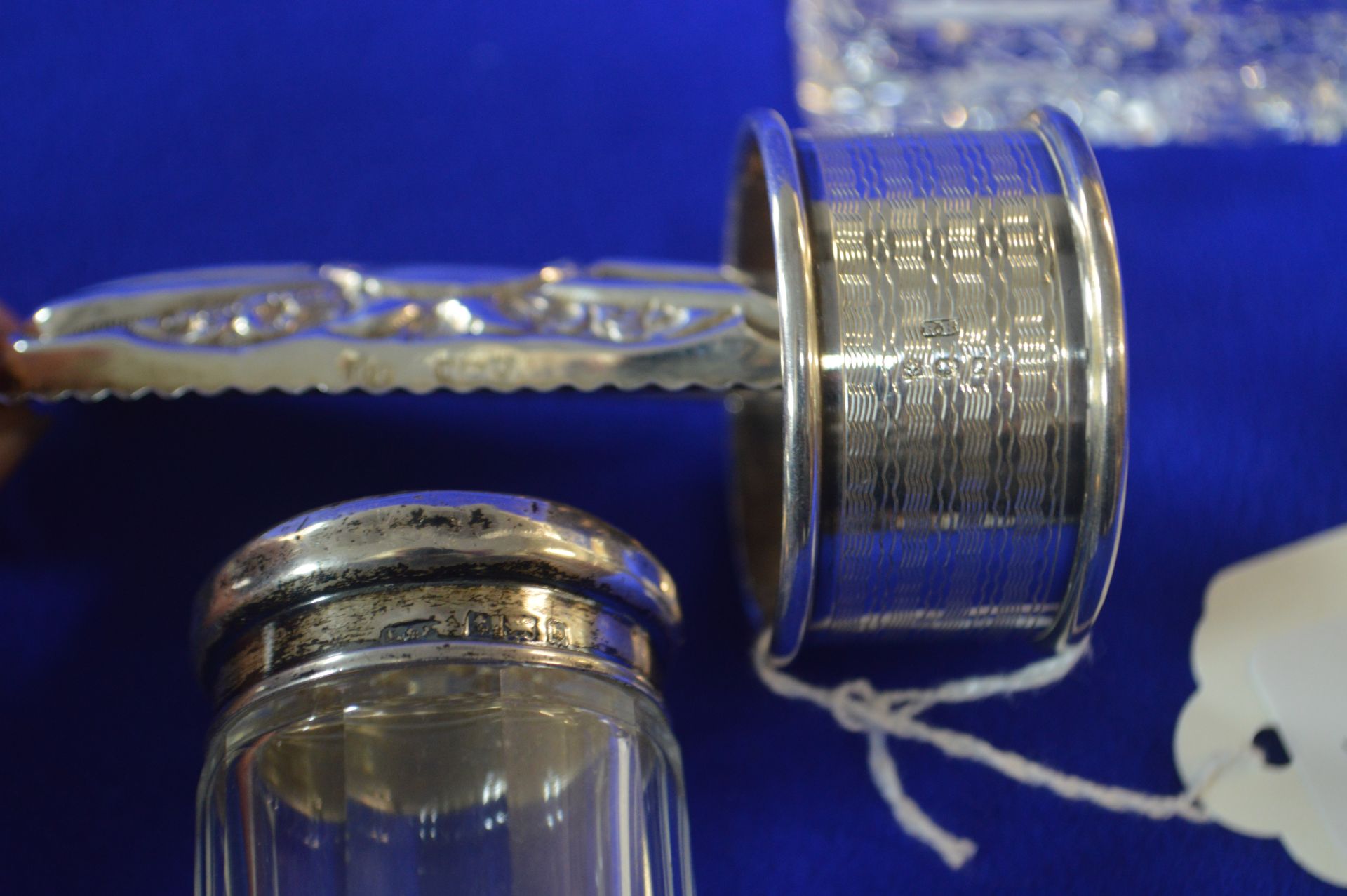 Two Glass Pots with Silver Lids, and a Silver Napkin Ring ~23g Total Silver Weight - Image 2 of 3