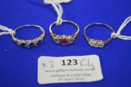 Three 9ct Gold Rings Including Two with Diamonds Size: R, S, and U ~6.1g gross