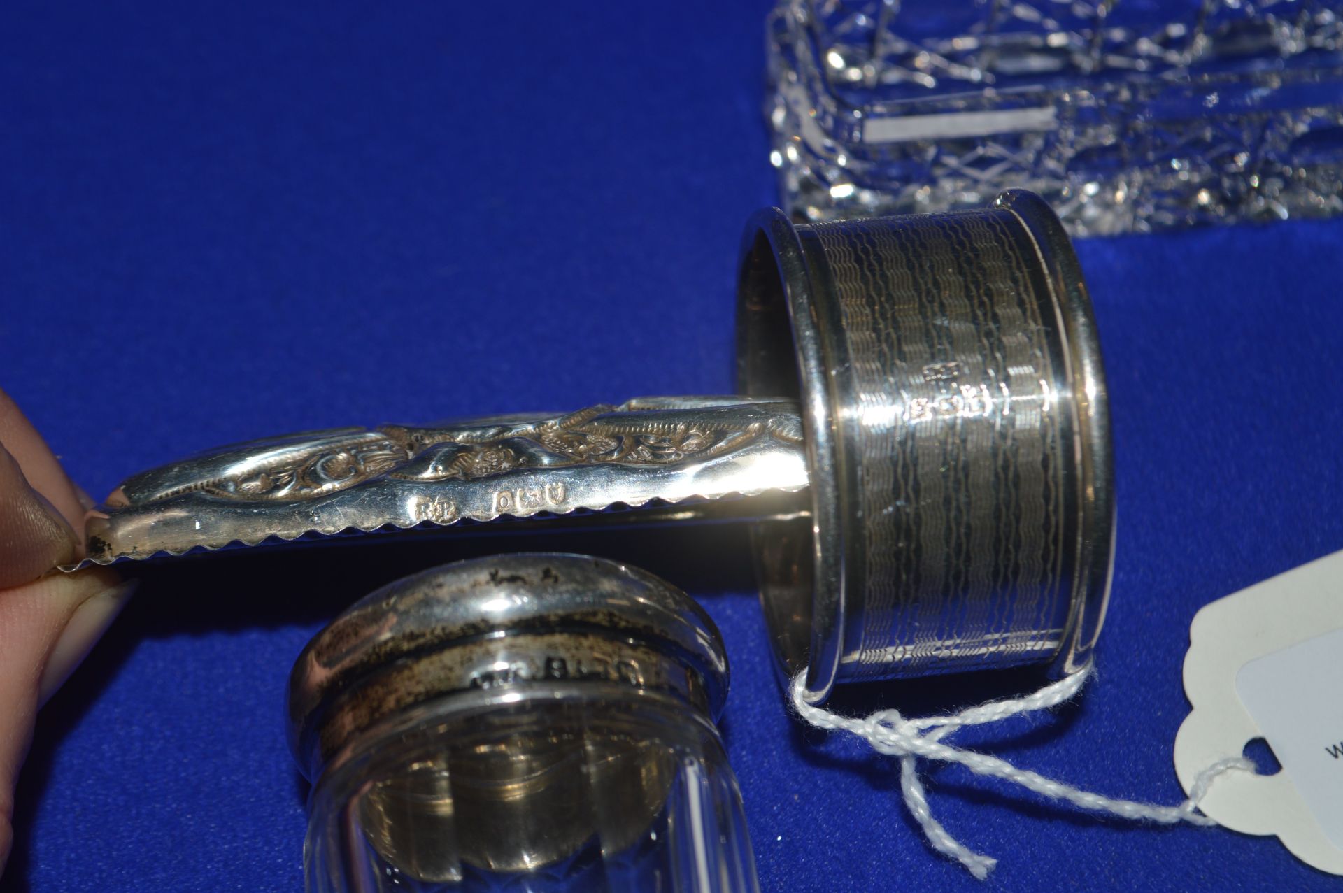 Two Glass Pots with Silver Lids, and a Silver Napkin Ring ~23g Total Silver Weight - Image 3 of 3