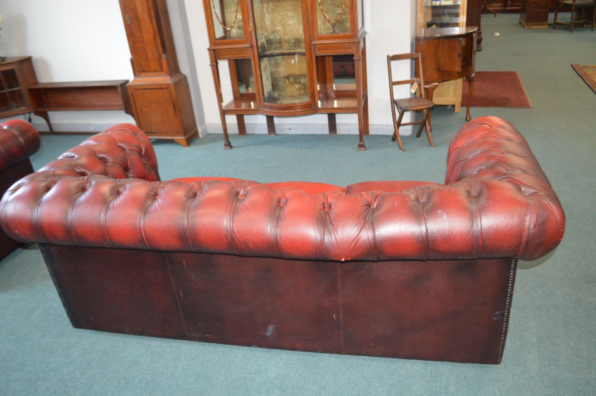 Red Leather Chesterfield Three Seat Sofa (A/F) - Image 3 of 6