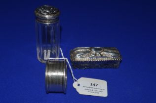 Two Glass Pots with Silver Lids, and a Silver Napkin Ring ~23g Total Silver Weight
