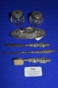 Six Small Silver Dressing Items Including Toothbrush