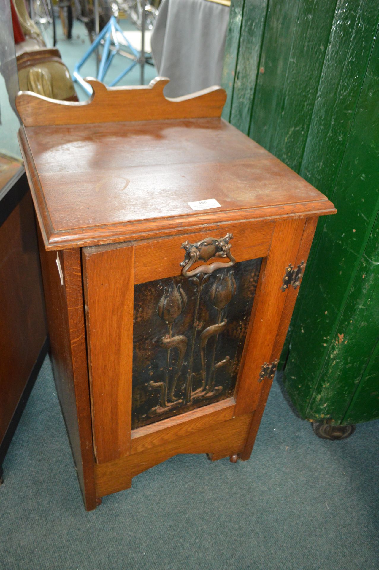 Arts & Crafts Oak Pot Cupboard with Repousse Panel - Image 2 of 3
