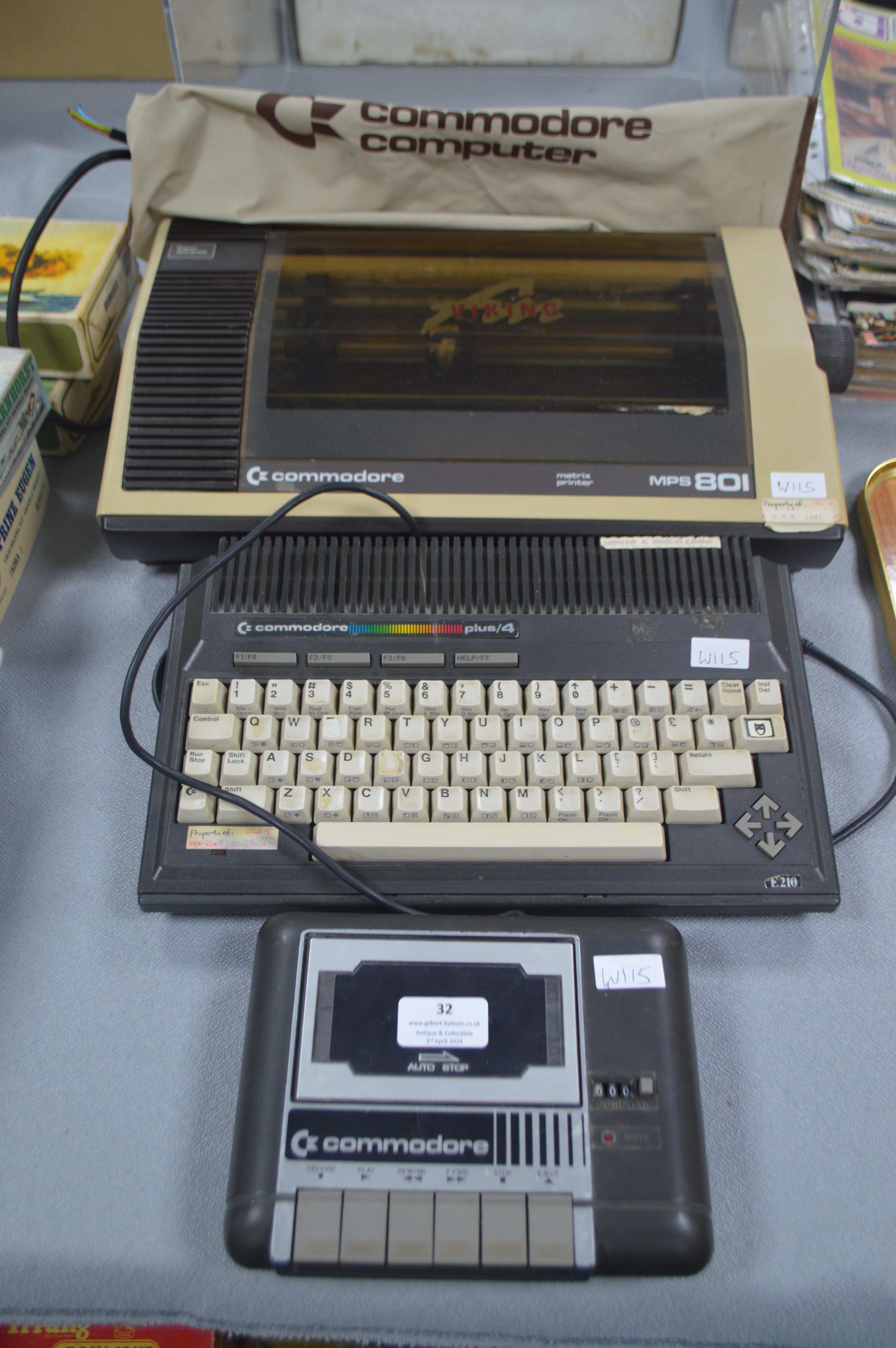 Commodore Plus 4 Computer, MPS AO1 Printer, and I531 Data Cassette Player