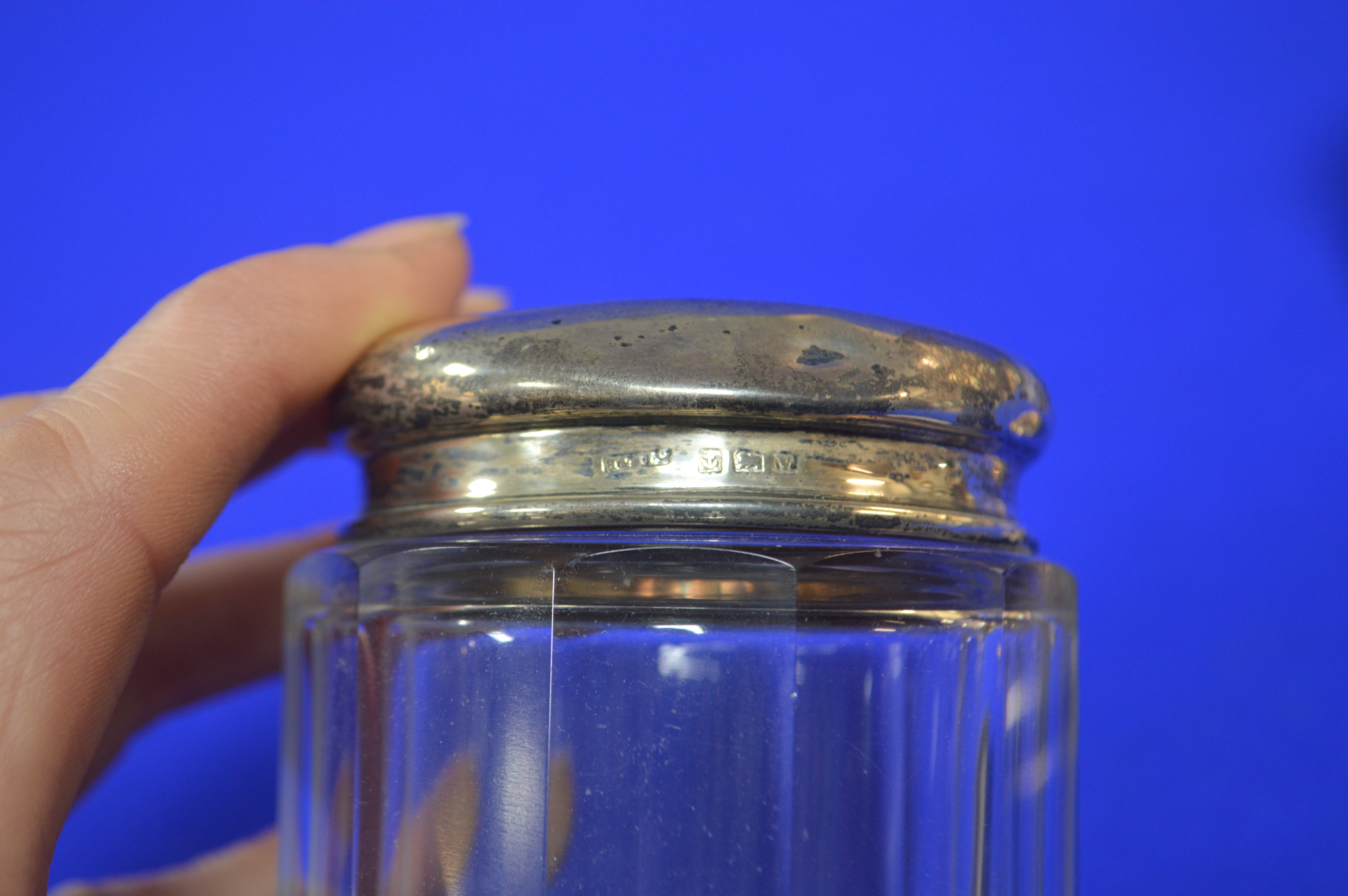 Four Glass Jars with Silver Lids and a Pair of Silver Salts ~145g Total Silver Weight - Image 2 of 6