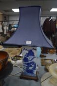 Chinese Style Blue & White Table Lamp with Blue Sh