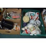 Two Boxes of Kitchenware, Mugs, Kettles, Utensils,