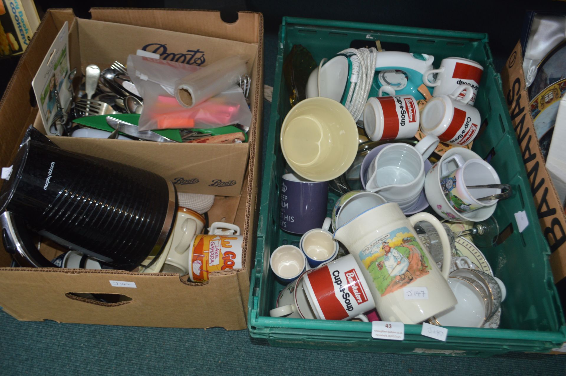 Two Boxes of Kitchenware, Mugs, Kettles, Utensils,