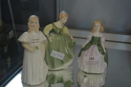 Three Royal Doulton Small Figurines "Fair Maiden" an