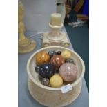 Marble Fruit Bowl plus Stand, Candlesticks, and Ma