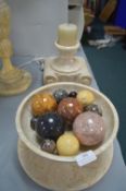 Marble Fruit Bowl plus Stand, Candlesticks, and Ma