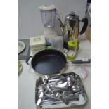 Kitchen Items Including Kettle, Blender, Pans, Cut