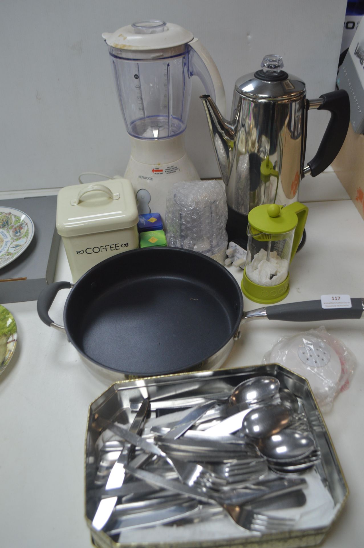 Kitchen Items Including Kettle, Blender, Pans, Cut