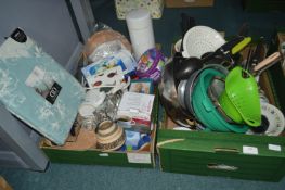 Two Boxes of Kitchenware, Pans, Utensils, etc.