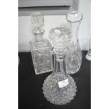 Two Cut Glass Lead Crystal Decanters and a Vases