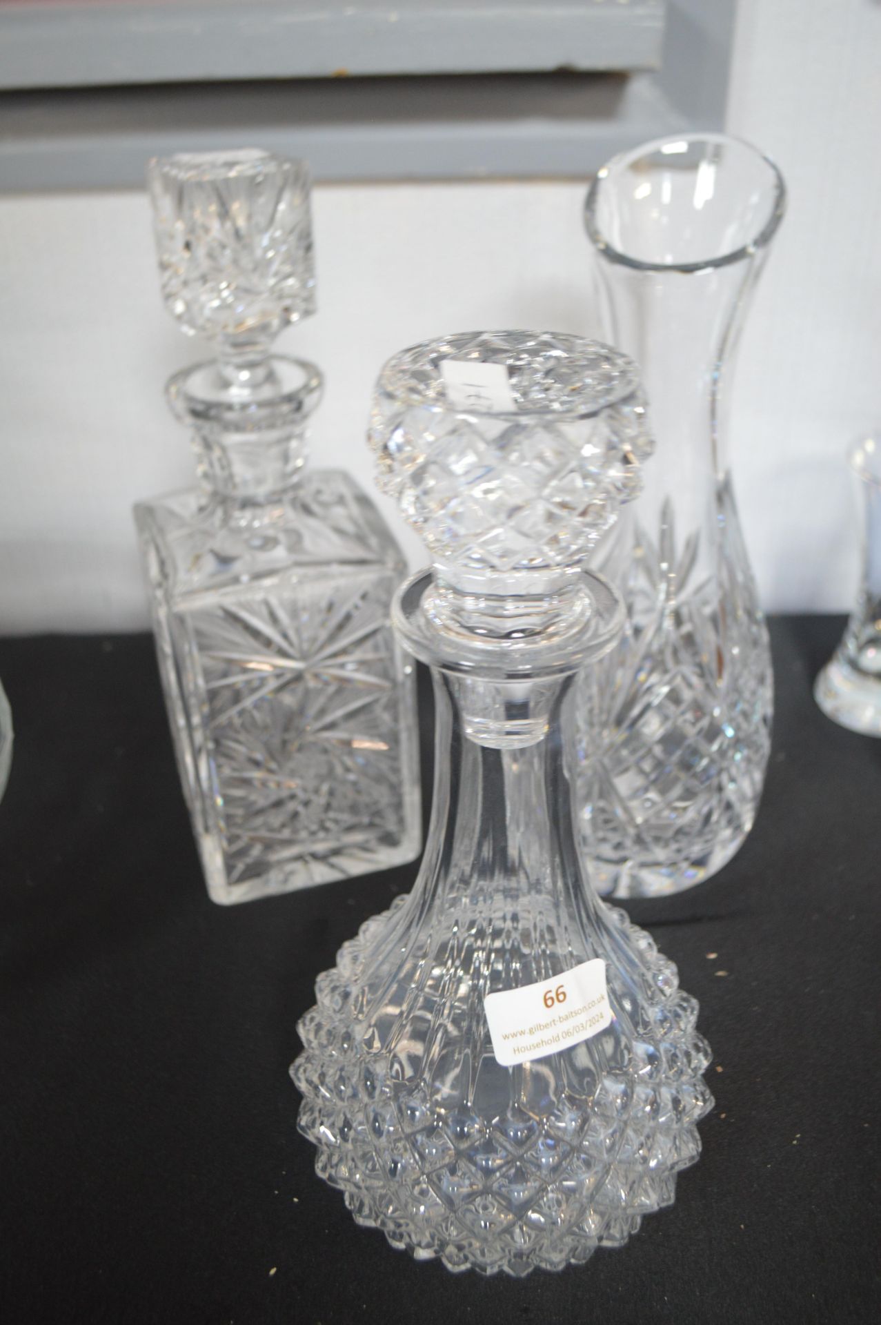 Two Cut Glass Lead Crystal Decanters and a Vases