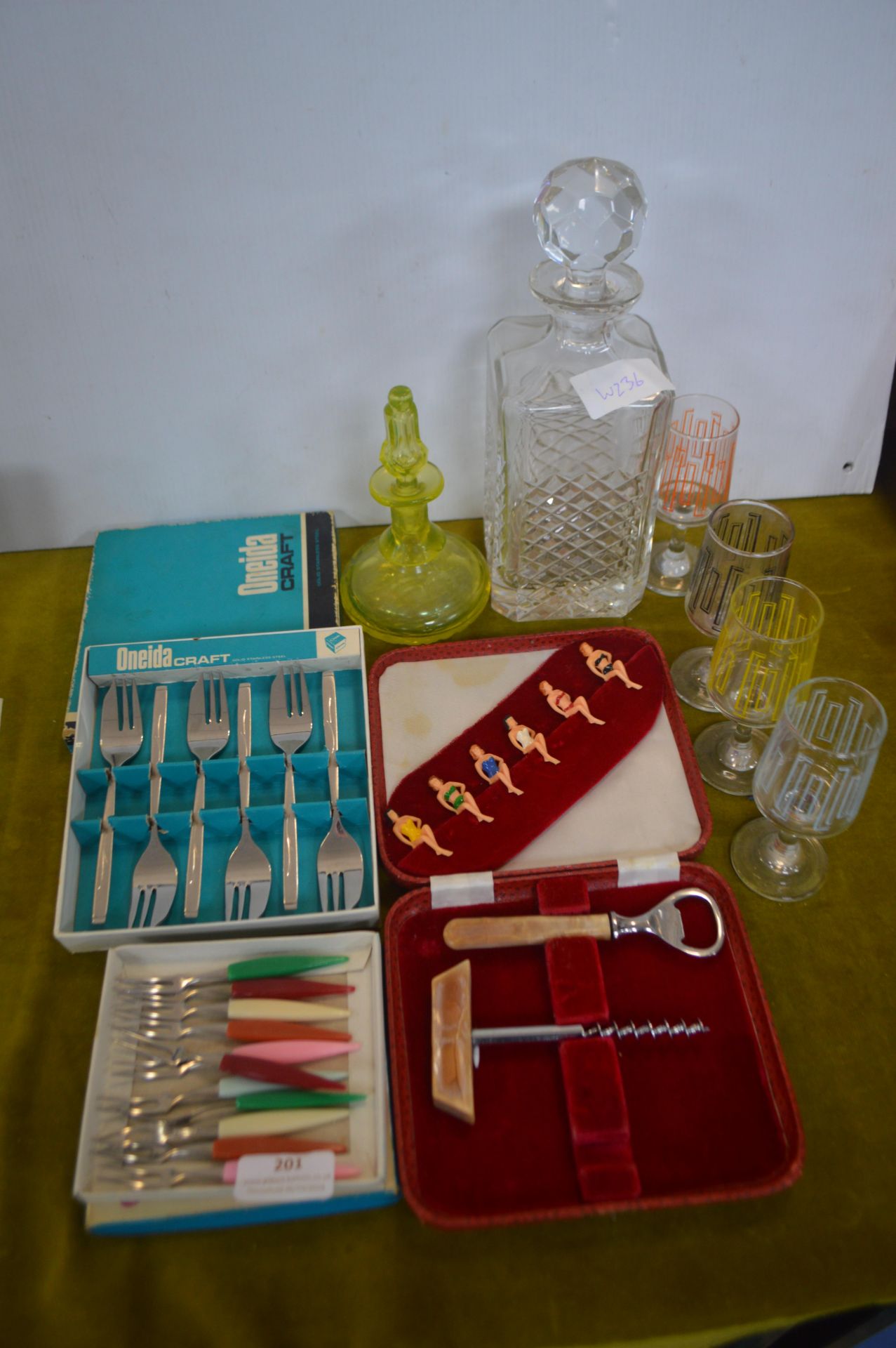 Vintage Glassware, Cocktail Sticks, Cutlery, etc.