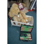 Vintage Toy Cot, Teddy Bear, and Assorted Items