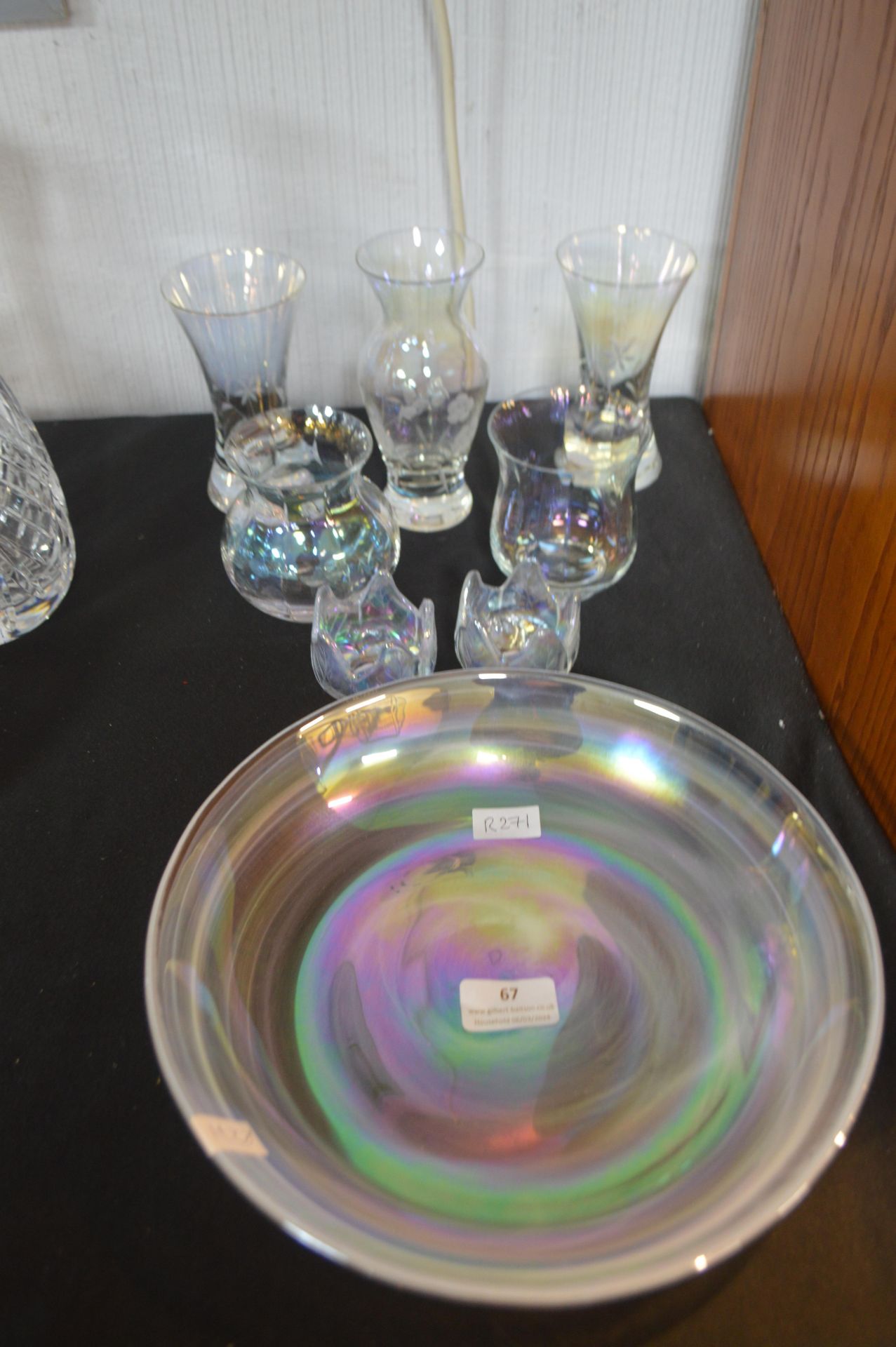 Iridescent Glass Bowl and Small Vases, etc.