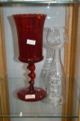 Large Red Glass Twist Stem Vase plus Novelty Wine