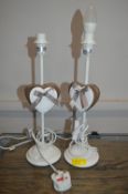 Two White Tables Lamps with Heart Motif