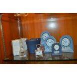 Four Wedgwood Blue & White Mantel Clocks plus Vera