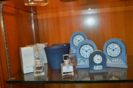 Four Wedgwood Blue & White Mantel Clocks plus Vera