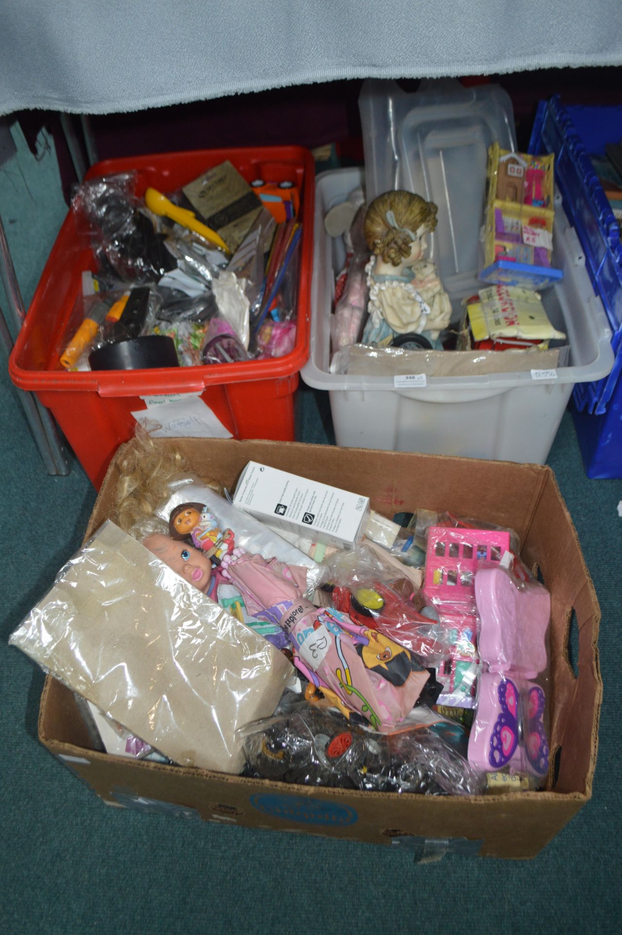 Three Boxes of Toys, Dolls, Household Goods, etc.