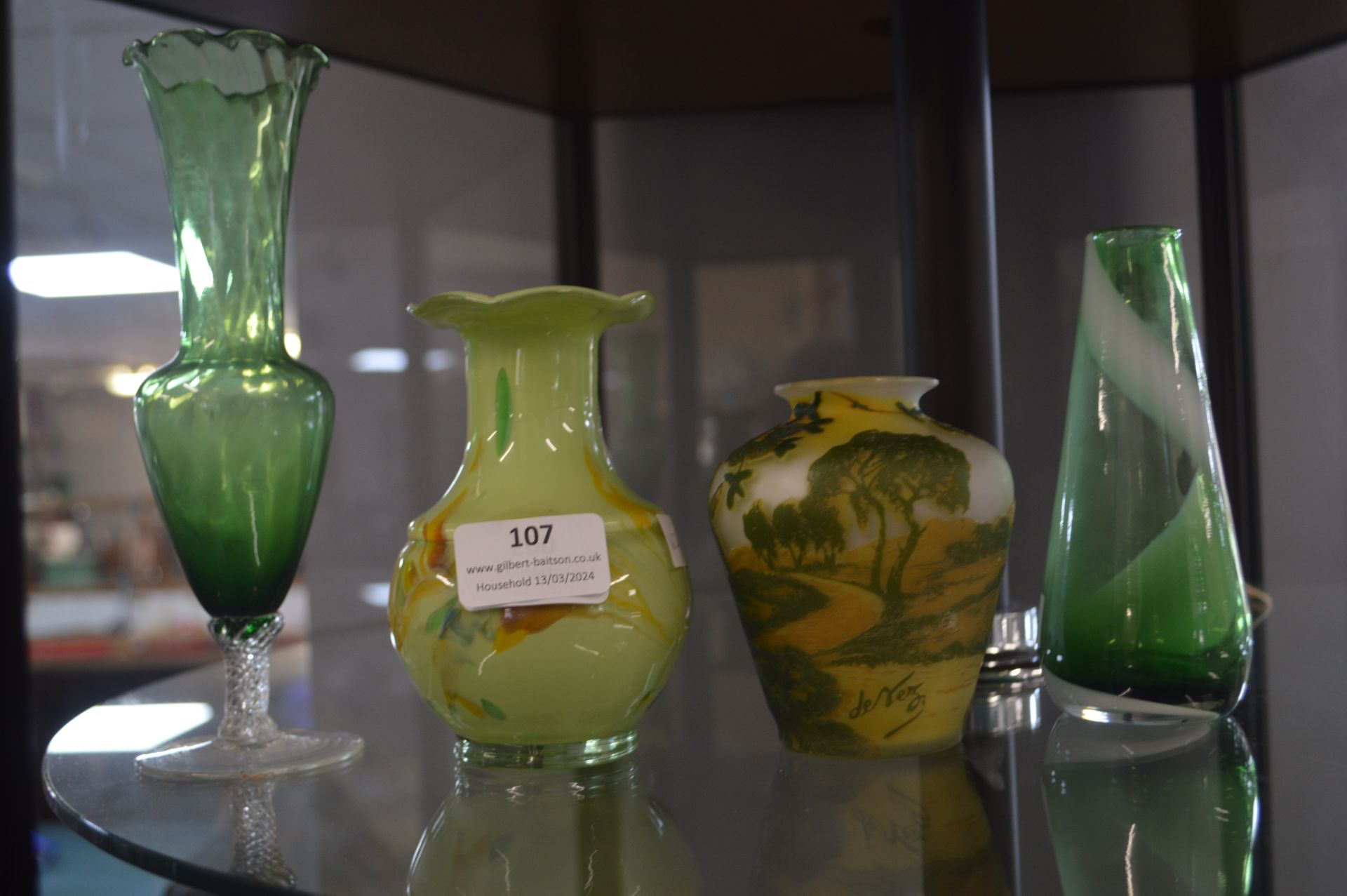 Four Small Vintage Green Glass Vases