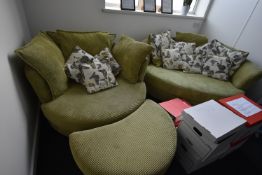 *Green Reception Suite Comprising Two Scatter Back Sofas and Matching Footstool (Location: 64 King