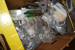 Box of Assorted Tools, Screws, Shears, Doorstopper