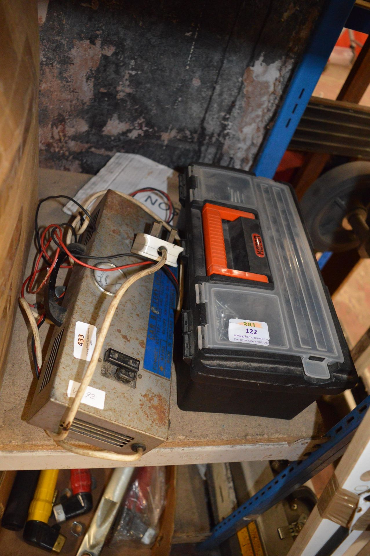 Car Battery Charger and a Toolbox with Contents of