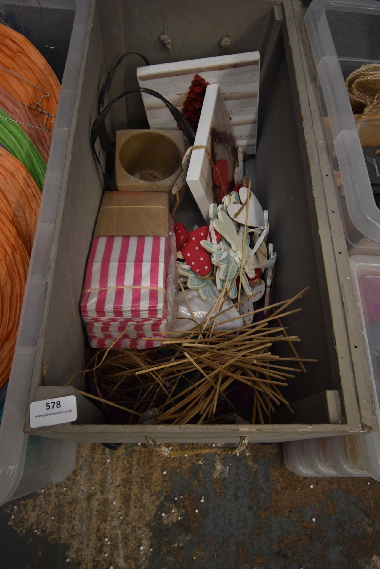 *Wood Crate Containing Assorted Candy Stripe Bags, Decorative Items, Pictures, etc.