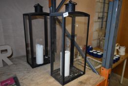 Pair of Black Metal & Glaze Garden Lanterns with Candles