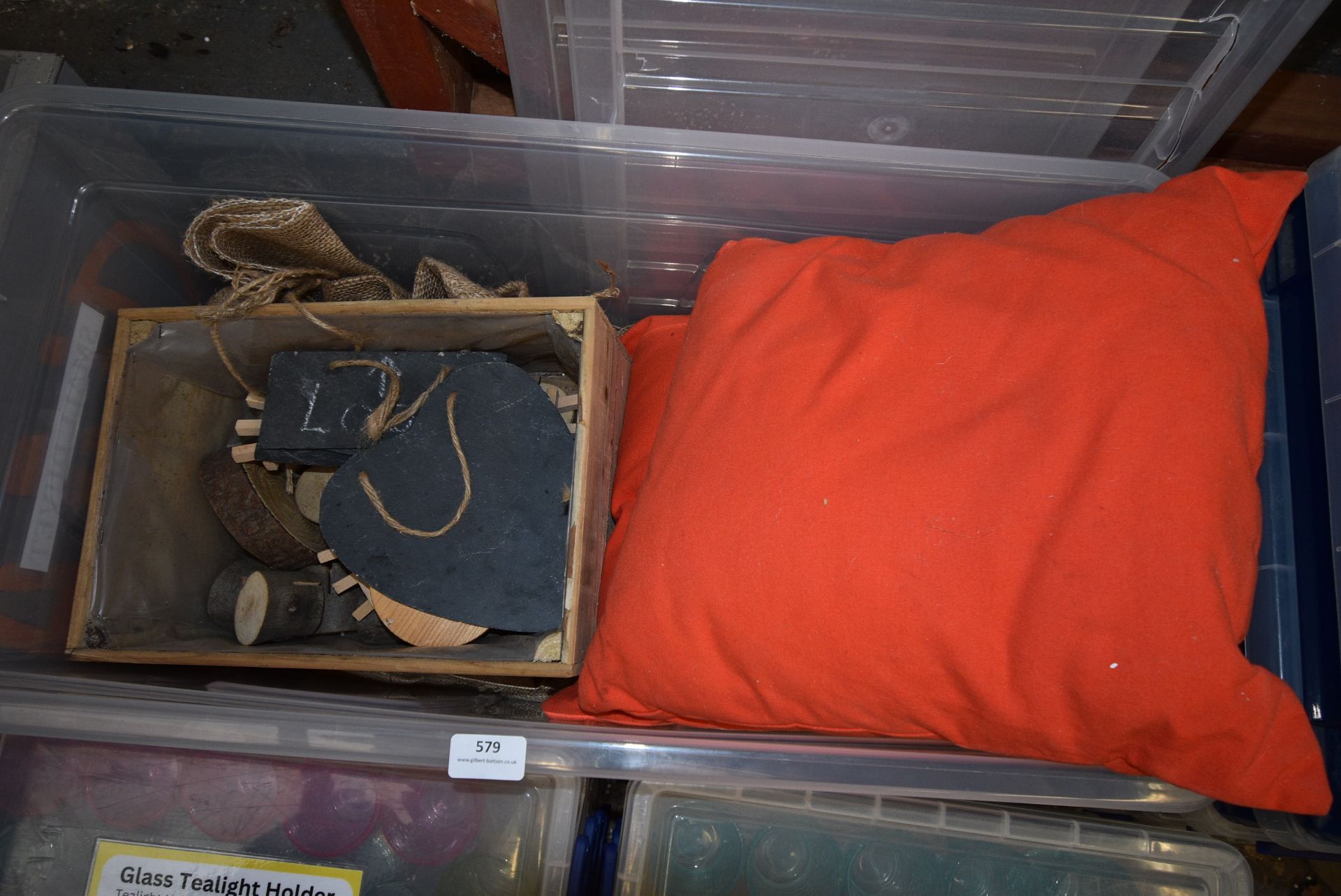 *Plastic Crate Containing Slate Signs, Scatter Cushions, etc.