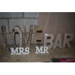*Wood Signage and Letters “Love”, “Bar”, and “Mr & Mrs”