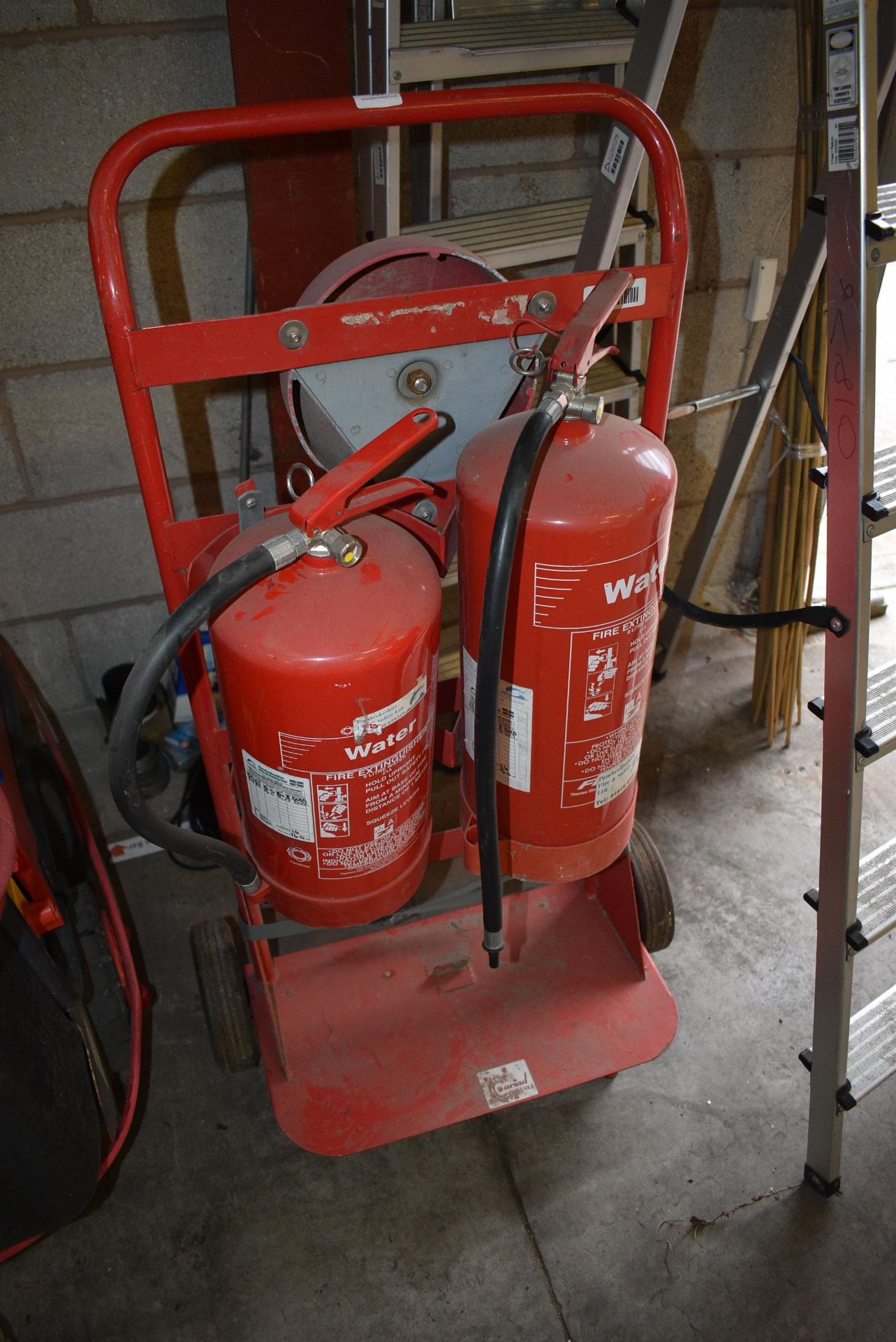 *Fire Extinguisher Stand with Fire Alarm Bell and Two Water Fire Extinguishers