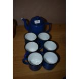 *Blue Enamel Teapot and Six Enamel Mugs