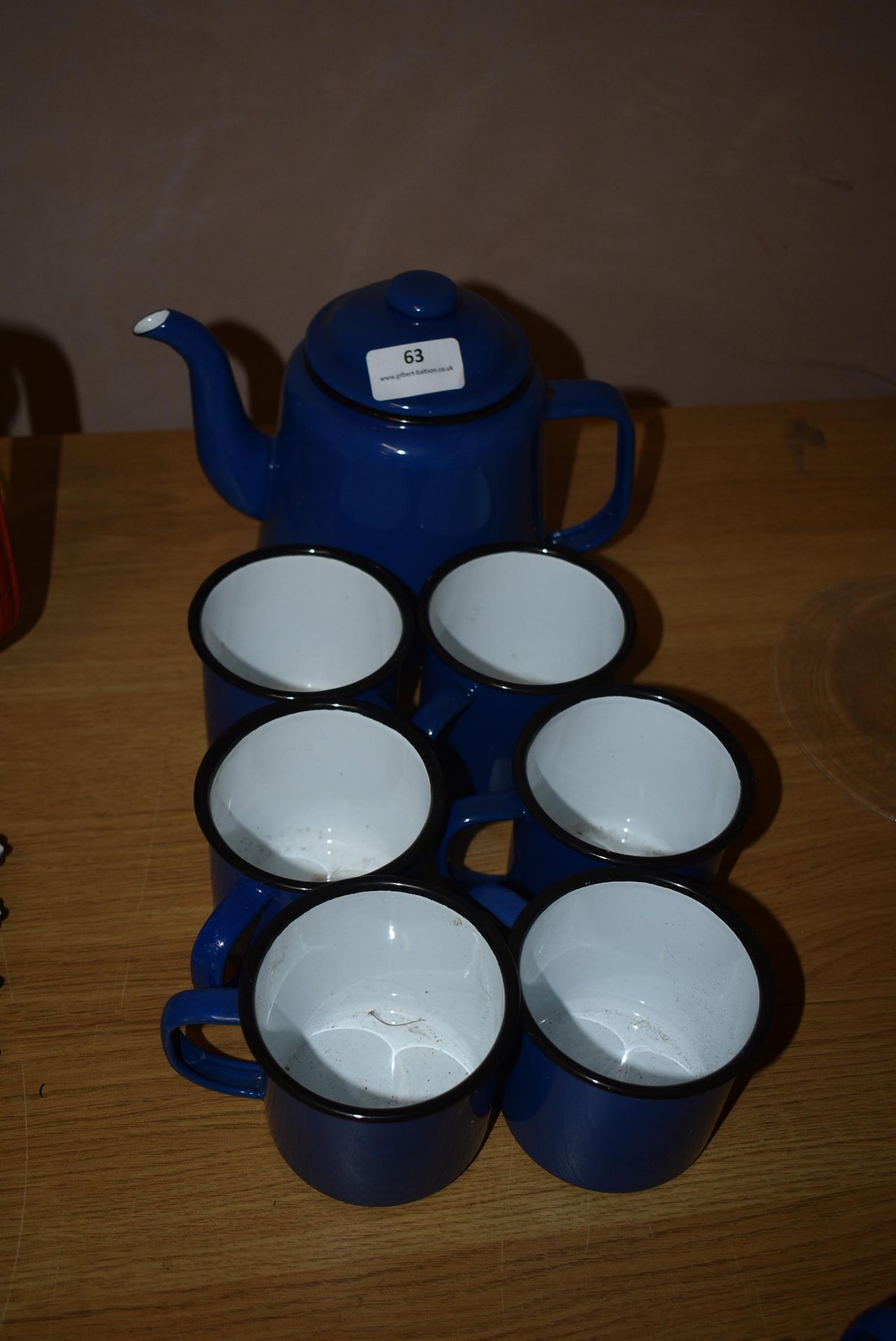 *Blue Enamel Teapot and Six Enamel Mugs