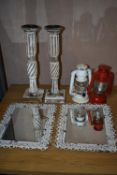 *Pair of Ornate Candlesticks, Two Decorative Hurricane Lamps, and a Pair of Metal Framed Mirrors