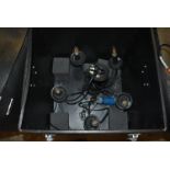 *Pair of Black Five Branch Chandeliers and a Flight Case