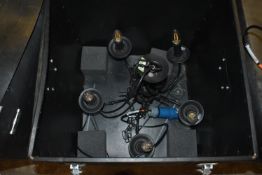 *Pair of Black Five Branch Chandeliers and a Flight Case