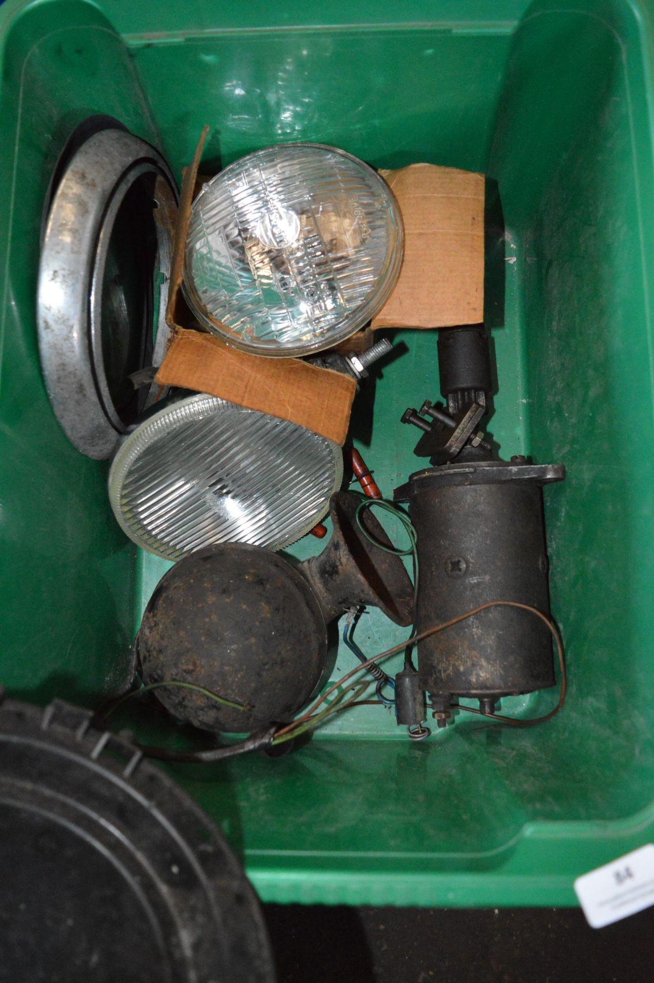 Box of Early Lights, Horn, Starter Motor, etc. for Older Vehicles
