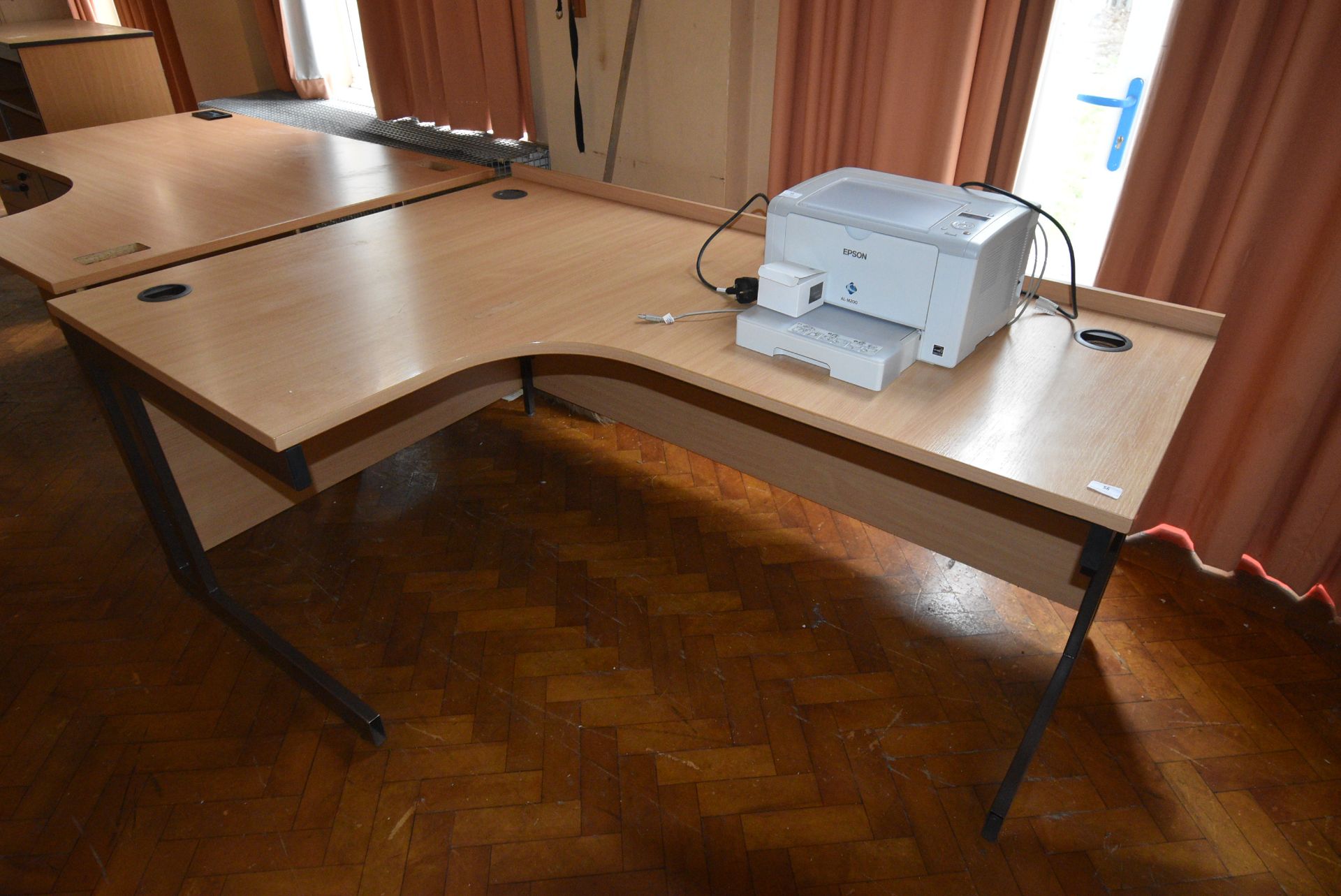 *L-Shape Desk with Lefthand Return in Light Beech Effect on Brown Metal Frame 180x122cm