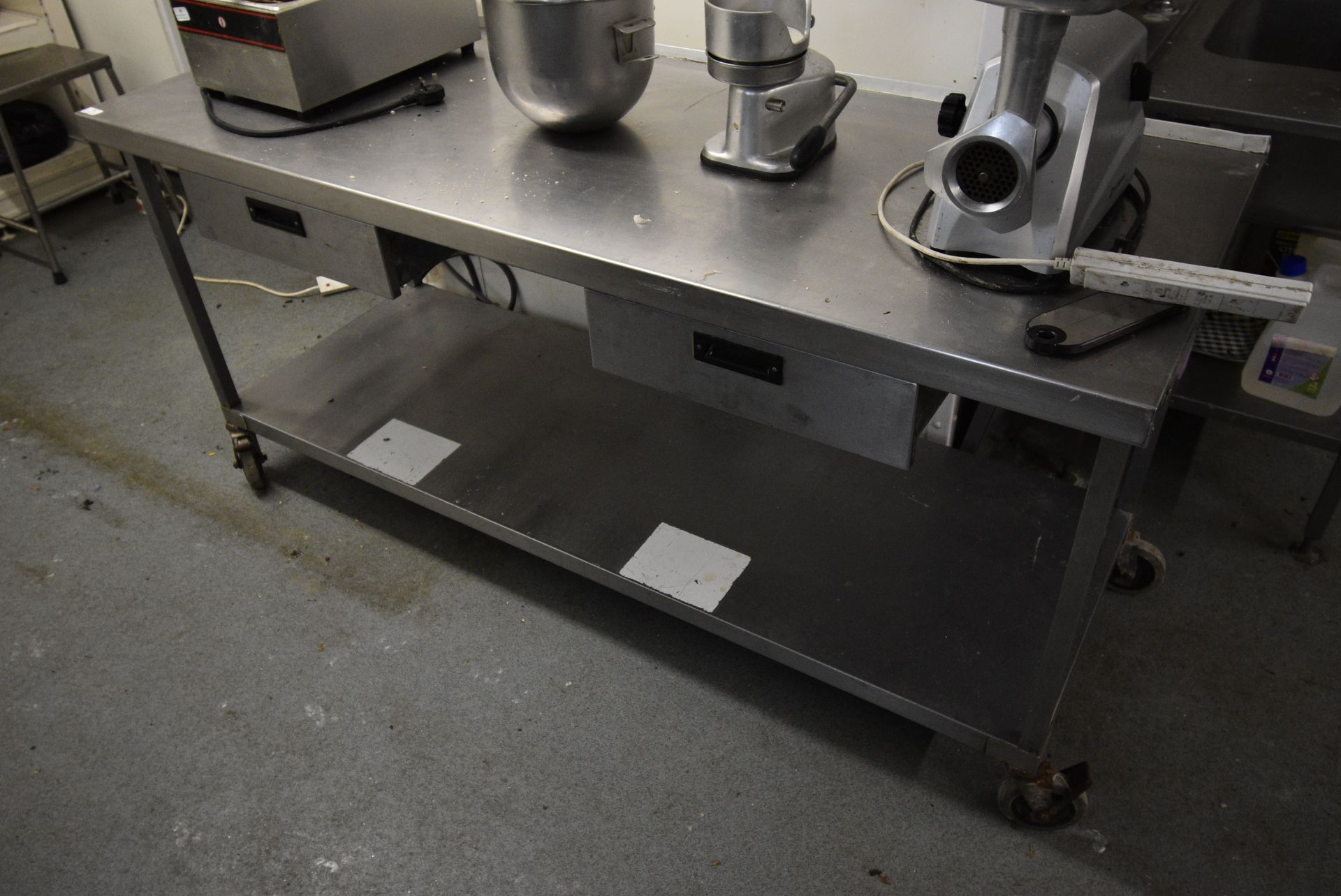 Stainless Steel Mobile Preparation Table with Undershelf and Two Drawers 180x70cm x 85cm high