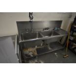 Stainless Steel Commercial Double Sink Unit with Righthand Drainer, Undershelf Swan Neck Taps, and