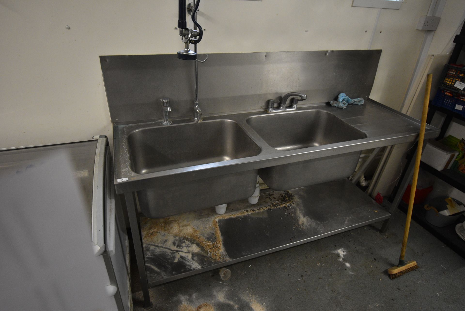 Stainless Steel Commercial Double Sink Unit with Righthand Drainer, Undershelf Swan Neck Taps, and