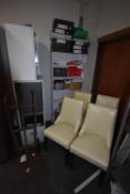 Sack Barrow, Four Simulated Hide Highback Dining Chairs, Shelving Unit, Filing Cabinet, etc.